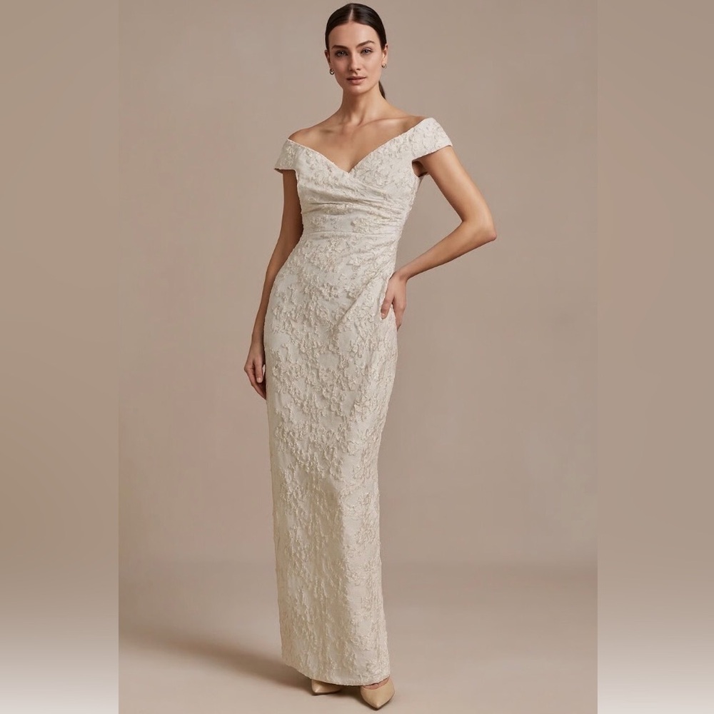 NWT! Oleg Cassini Jacquard Stretch Off Shoulder Champagne Gown Size 12